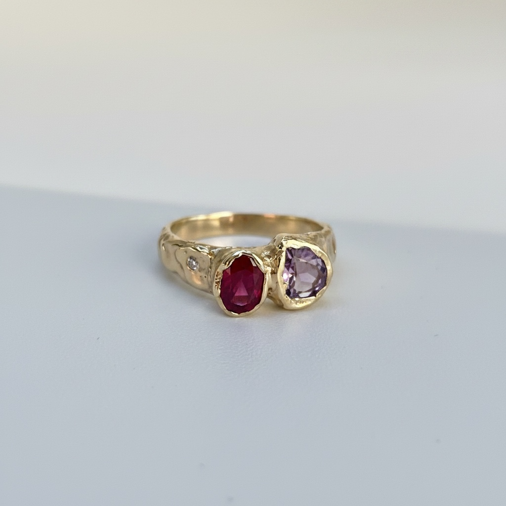 Garnet, Amethyst, Diamond Ring