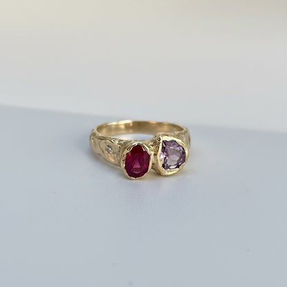 Garnet, Amethyst, Diamond Ring
